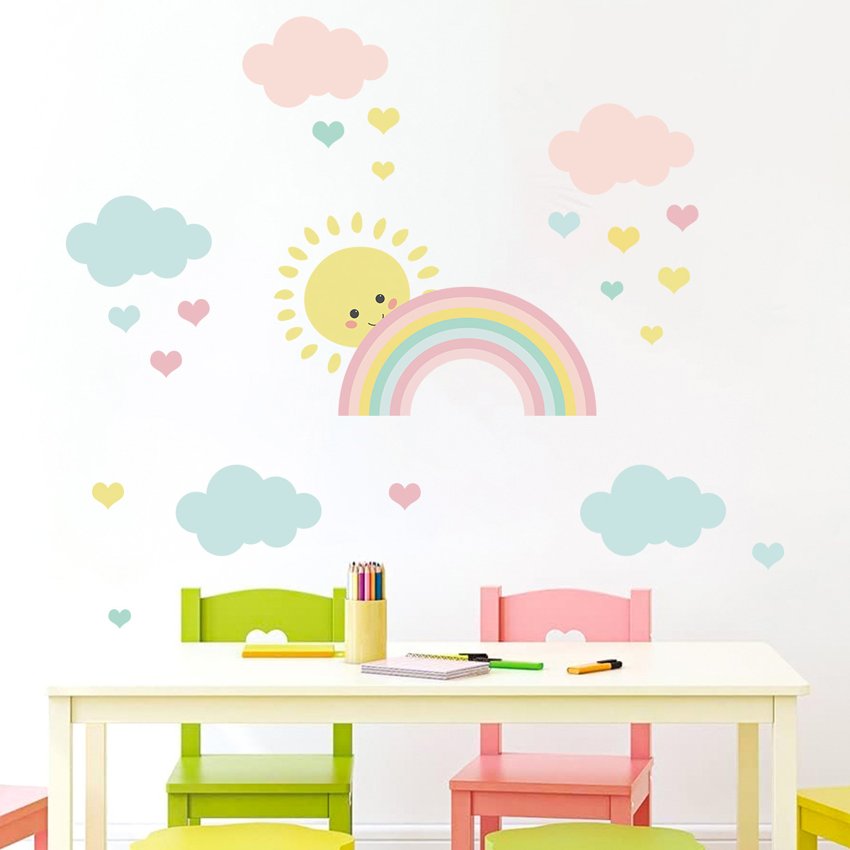 Baby Nursery Boy - Cartoon Sun Rainbow Clouds Wall Decals