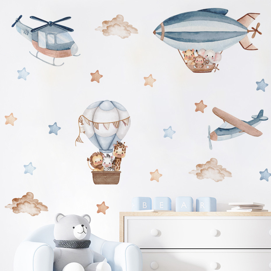 Baby Nursery Boy - Watercolor Animals Hot Air Balloon Clouds