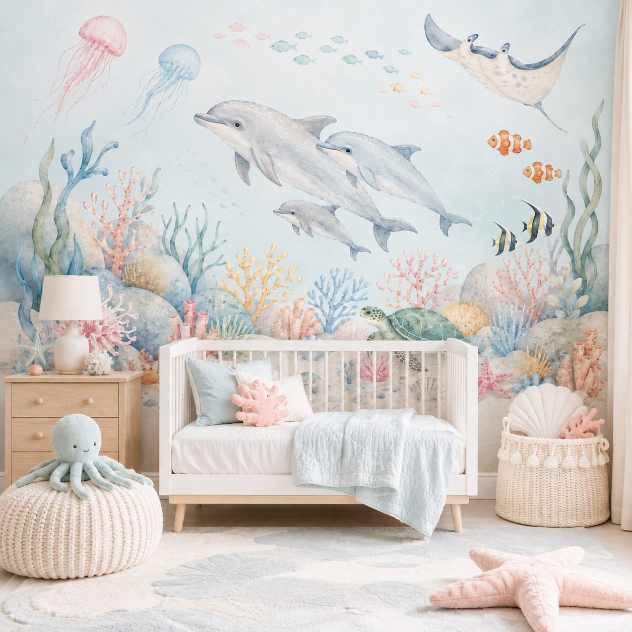 Underwater Sea Animals Self Ad - Baby Nursery Peel And Stick Wallpaper 评论和价格