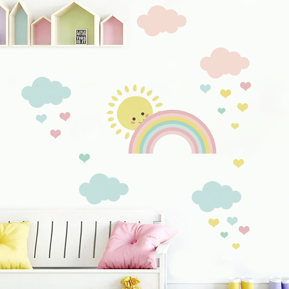 Cartoon Sun Rainbow Clouds Wal - Baby Nursery Boy 评论和价格