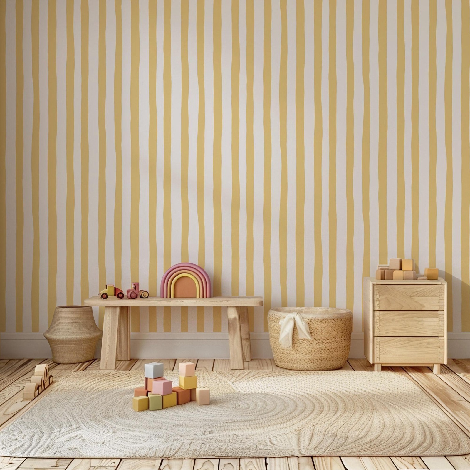 Sunshine Yellow Wobbly Stripes - Baby Nursery Peel And Stick Wallpaper 评论和价格
