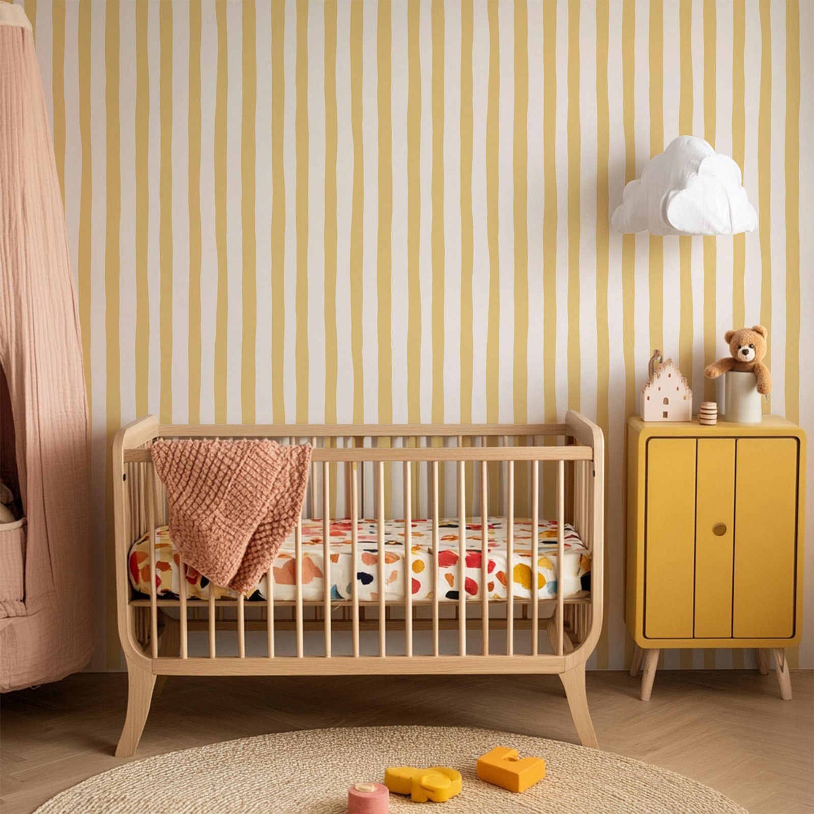 Sunshine Yellow Wobbly Stripes - Baby Nursery Peel And Stick Wallpaper 评论和价格
