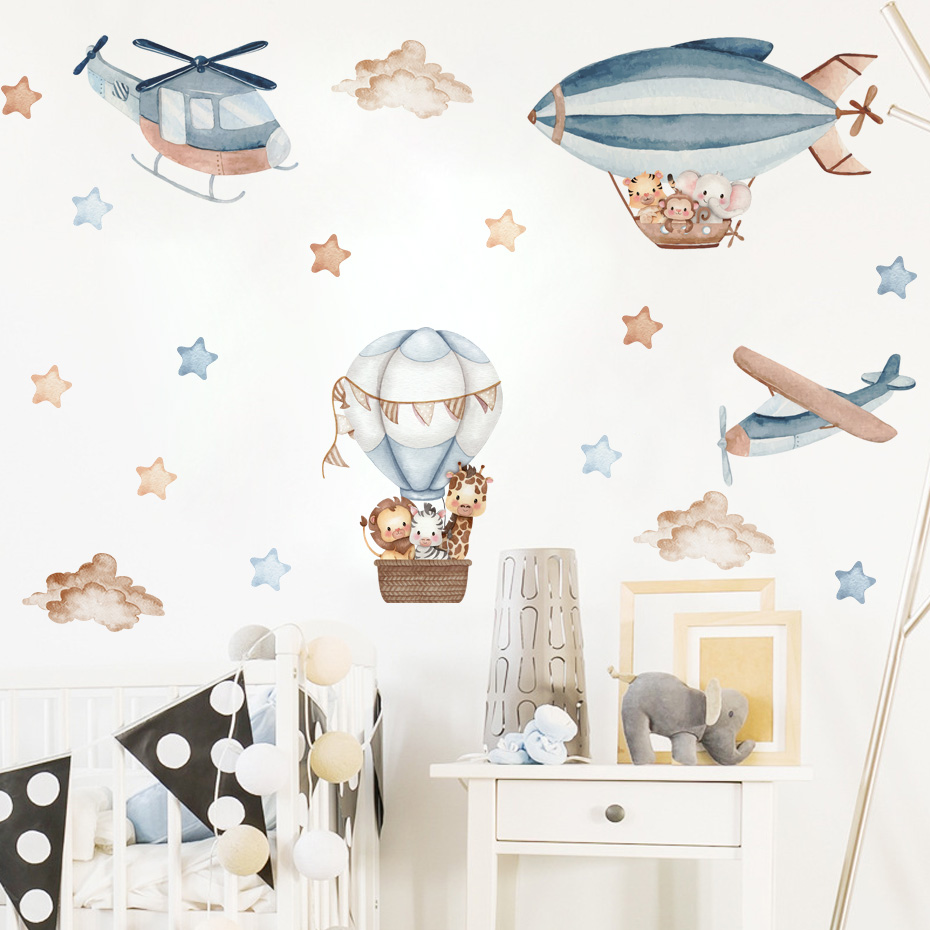 Watercolor Animals Hot Air Bal - Baby Nursery Boy 评论和价格