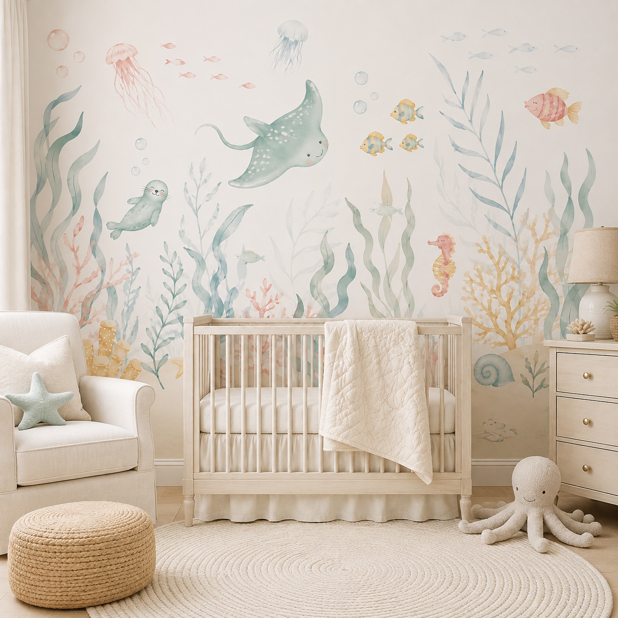 Ocean Animals Self Adhesive Wa - Baby Nursery Peel And Stick Wallpaper 评论和价格