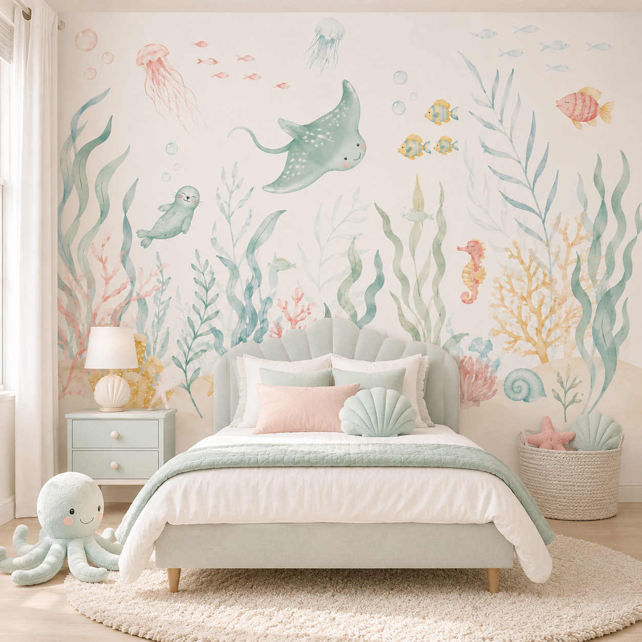 Ocean Animals Self Adhesive Wa - Baby Nursery Peel And Stick Wallpaper 评论和价格
