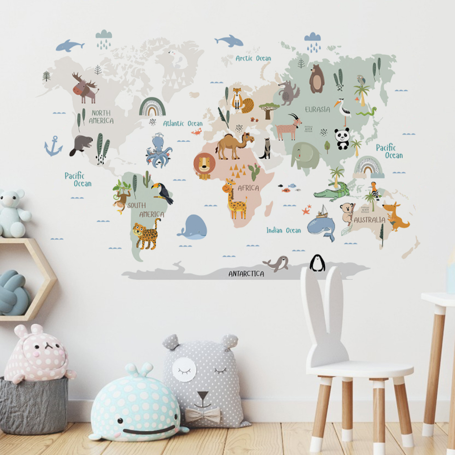 Watercolor  Cartoon World Map  - Baby Nursery Decor Girl 评论和价格