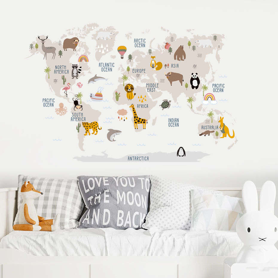 Watercolor  Cartoon World Map  - Baby Nursery Decor Girl 评论和价格