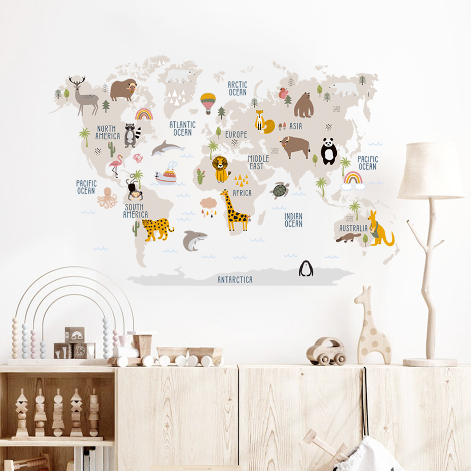 Watercolor  Cartoon World Map  - Baby Nursery Decor Girl 评论和价格